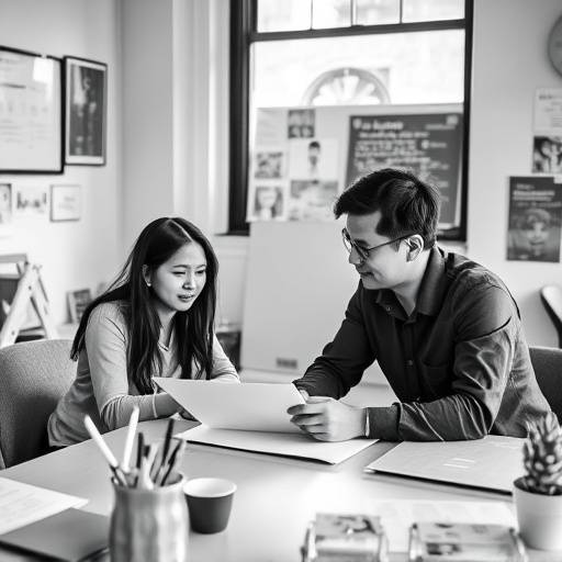 A black and white photo of Anya Sharma and David Chen, the founders of Stellaris Studios, brainstorming in a small office space in 2018.