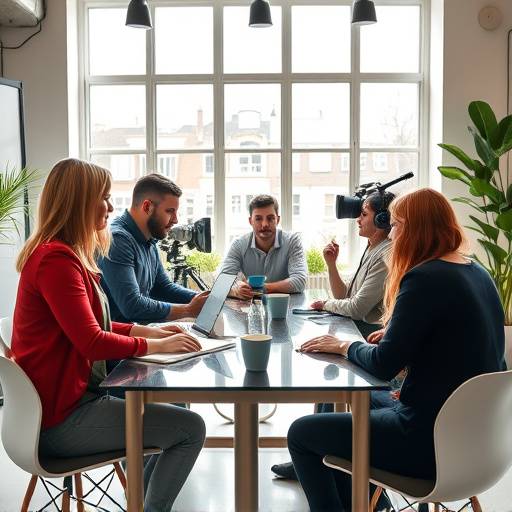 A team brainstorming and planning a video shoot in a bright office setting.