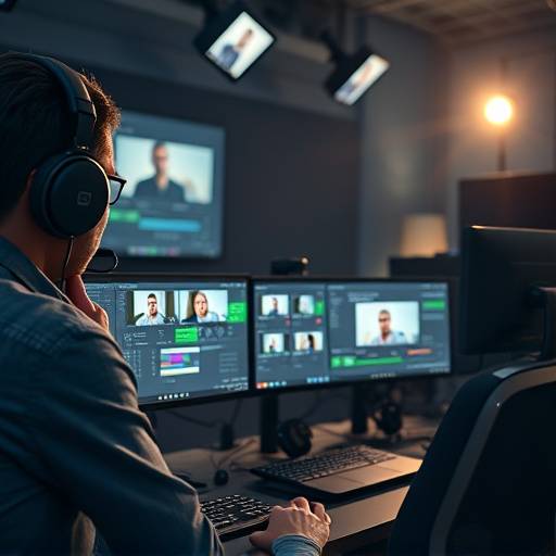An editor working on a video project with multiple monitors in a professional editing suite.